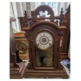 Antique Ornate Carved Oak Mantel Clock with Brass Bezel and Pendulum