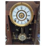 Antique Ornate Carved Oak Mantel Clock with Brass Bezel and Pendulum