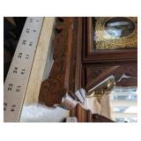 Antique Ornate Carved Oak Mantel Clock with Brass Bezel and Pendulum