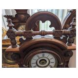 Antique Ornate Carved Oak Mantel Clock with Brass Bezel and Pendulum