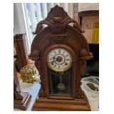 Antique Carved Oak Mantel Clock with Pendulum - Roman Dial, 19th Century