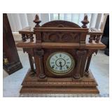 Seth Thomas Mantel Clock - Ornate Carved Oak Case, Brass Bezel & Roman Dial