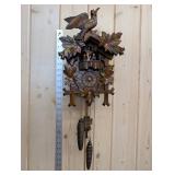 German Carved Leaf Cuckoo Clock with Bird, Pinecone Weights, 2-Weight Movement