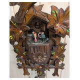 German Carved Leaf Cuckoo Clock with Bird, Pinecone Weights, 2-Weight Movement
