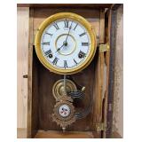 Welch 1885 Carved Wood Mantel Clock with Glass Panel and Pendulum