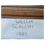 Welch 1885 Carved Wood Mantel Clock with Glass Panel and Pendulum