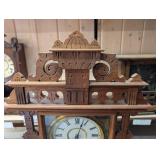 Welch 1885 Carved Wood Mantel Clock with Glass Panel and Pendulum