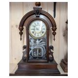 Antique Oak Mantel Clock with Etched Glass Panel and Pendulum