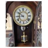 Antique Oak Mantel Clock with Etched Glass Panel and Pendulum