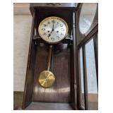 Antique Wall Regulator Clock with Brass Pendulum - Dark Walnut Cabinet