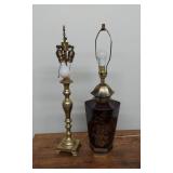 Vintage Brass Candlestick & Asian Motif Table Lamps Mismatched Pair
