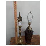 Vintage Brass Candlestick & Asian Motif Table Lamps Mismatched Pair