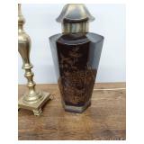 Vintage Brass Candlestick & Asian Motif Table Lamps Mismatched Pair