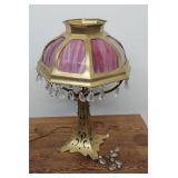 Art Nouveau Pink Slag Glass Table Lamp w Prism Drops 22in As-Is