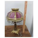 Art Nouveau Pink Slag Glass Table Lamp w Prism Drops 22in As-Is