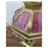 Art Nouveau Pink Slag Glass Table Lamp w Prism Drops 22in As-Is