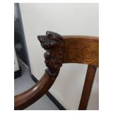 Antique Quarter Sawn Oak Hall Settee w/ Lion Head Arms Brown Seat