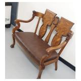 Antique Quarter Sawn Oak Hall Settee w/ Lion Head Arms Brown Seat