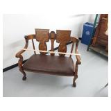 Antique Quarter Sawn Oak Hall Settee w/ Lion Head Arms Brown Seat