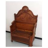 Antique Victorian Carved Wood Hall Bench Settle w Storage Seat