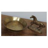 Vintage Brass Horse Figurine and Bowl Decorative Pair With Patina