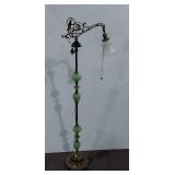Vintage Brass-Tone Bridge Floor Lamp Green Hobnail Glass Pull Chain