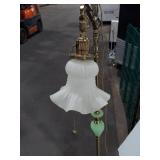 Vintage Brass-Tone Bridge Floor Lamp Green Hobnail Glass Pull Chain