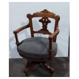 Victorian Eastlake Carved Wood Swivel Desk Chair w Casters Gray Seat
