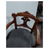 Victorian Eastlake Carved Wood Swivel Desk Chair w Casters Gray Seat