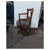 Victorian Eastlake Carved Wood Swivel Desk Chair w Casters Gray Seat