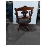 Victorian Eastlake Carved Wood Swivel Desk Chair w Casters Gray Seat
