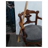 Victorian Eastlake Carved Wood Swivel Desk Chair w Casters Gray Seat