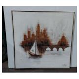 Turner Sailboat Skyline Framed Vintage Wall Art Textured 30in Square
