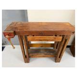 Vintage Wood Carpenter Workbench w/ Desmond-Stephan Vise Drawer