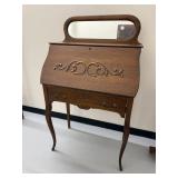 Antique Oak Secretary Desk Drop Front Mirror Cubbies 50in Tall