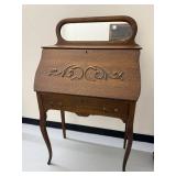 Antique Oak Secretary Desk Drop Front Mirror Cubbies 50in Tall