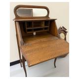 Antique Oak Secretary Desk Drop Front Mirror Cubbies 50in Tall