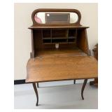 Antique Oak Secretary Desk Drop Front Mirror Cubbies 50in Tall