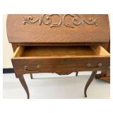 Antique Oak Secretary Desk Drop Front Mirror Cubbies 50in Tall