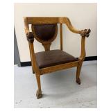 Vintage Carved Oak Lion Head Armchair Leather Seat Gothic Style