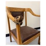 Vintage Carved Oak Lion Head Armchair Leather Seat Gothic Style