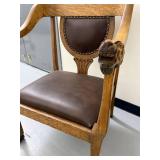 Vintage Carved Oak Lion Head Armchair Leather Seat Gothic Style