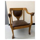 Vintage Carved Oak Lion Head Armchair Leather Seat Gothic Style