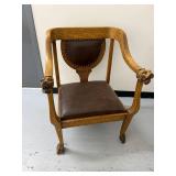 Vintage Carved Oak Lion Head Armchair Leather Seat Gothic Style