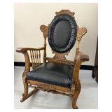 Antique Carved Oak Platform Rocking Chair Oval Back Black Upholstery