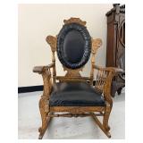 Antique Carved Oak Platform Rocking Chair Oval Back Black Upholstery