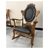 Antique Carved Oak Platform Rocking Chair Oval Back Black Upholstery