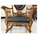 Antique Carved Oak Platform Rocking Chair Oval Back Black Upholstery