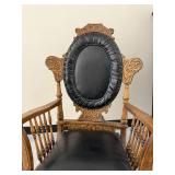 Antique Carved Oak Platform Rocking Chair Oval Back Black Upholstery