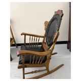 Antique Carved Oak Platform Rocking Chair Oval Back Black Upholstery